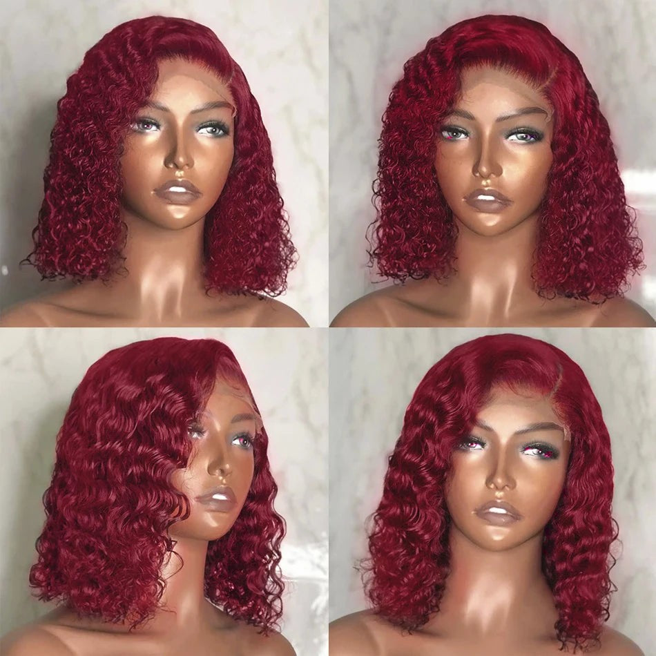 Red Colored 99J Curly Deep Water Wave 13x4 Lace Front Wigs Short Bob 100%