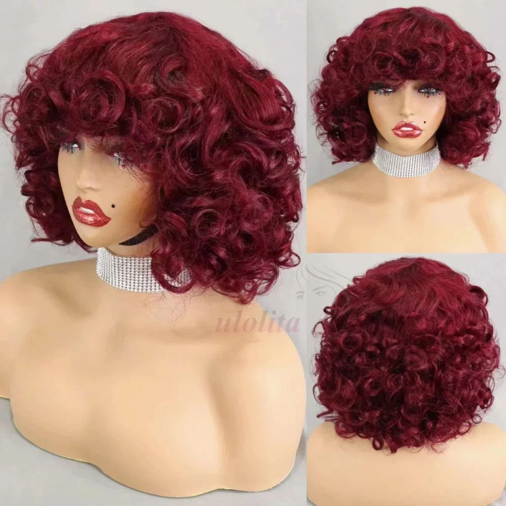 99J burgundy Fumi Curly Bob Wig Bouncy Pixie Cut Wig Highlight Full Machine Egg