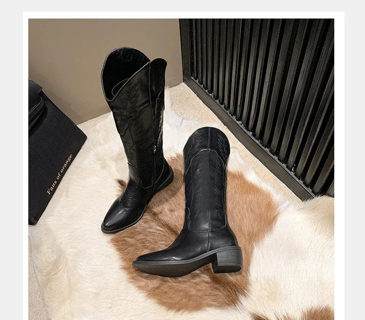 Vintage Black Western Cowboy Boots for Women Heels PU Leather Ankle Booties