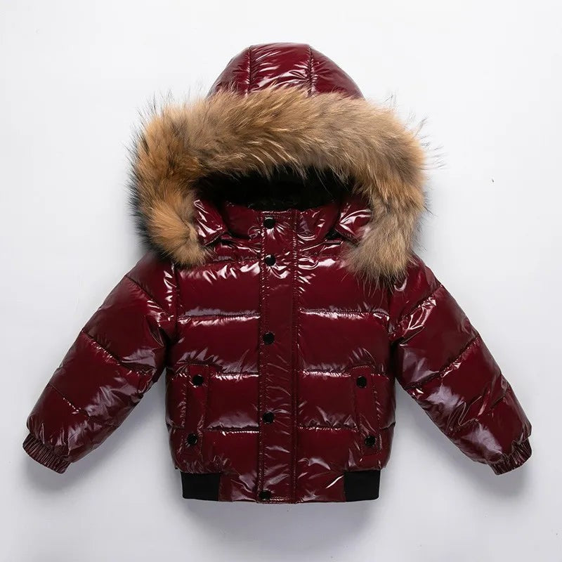 Kids Winter Down Jacket Real Faux Fur Waterproof Shiny Thick Warm Outerwear