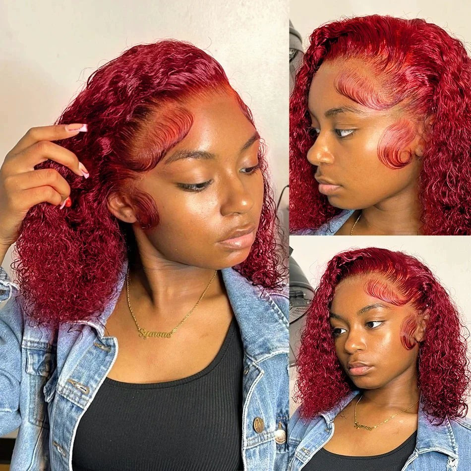 Red Colored 99J Curly Deep Water Wave 13x4 Lace Front Wigs Short Bob 100%