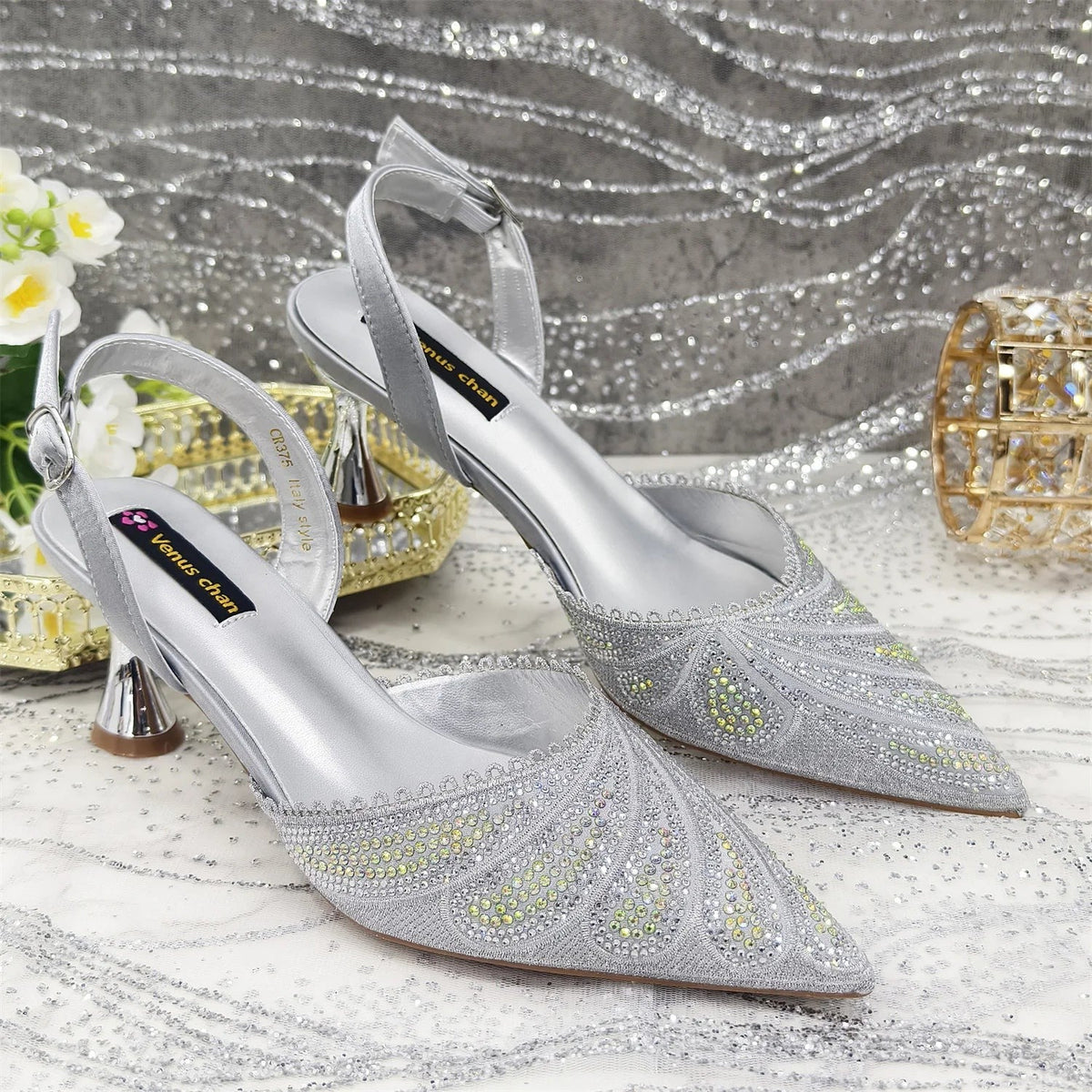 Diamond Studded Slingback Heels & Bag Matching Set — Butterfly Knot | 7 Colours | EU 37–43