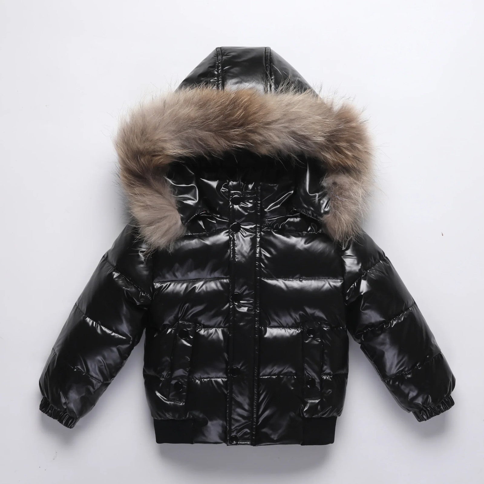 Kids Winter Down Jacket Real Faux Fur Waterproof Shiny Thick Warm Outerwear