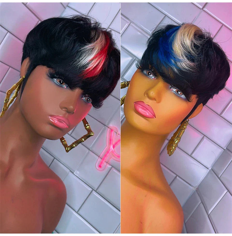 Highlight Pixie Bob Wig with Bangs | Brazilian Virgin Human Hair | Straight | 150% Density | 1B/613 Red & Black