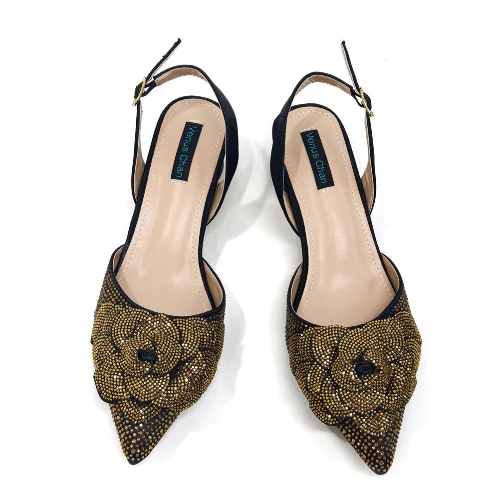 Women's Pointed-Toe Large Flower Decoration Rhinestone Low Heel Italian Shoes