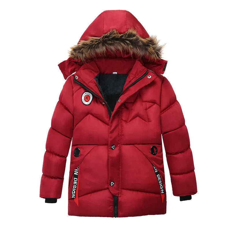 2-8 Years Winter Boys Jacket Thick Keep Warm Lining Plush Detachable Hat Hooded