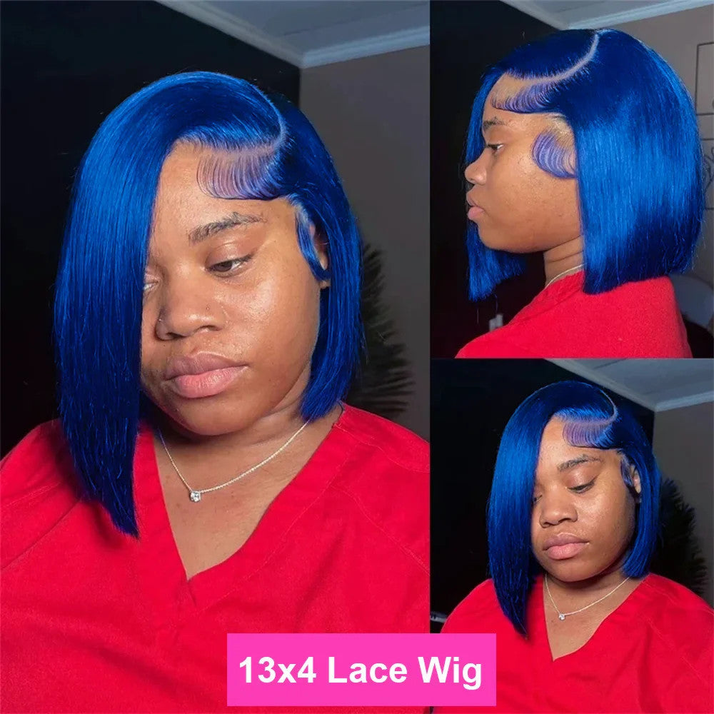 Brazilian Hair Straight Navy Blue Bob Human Hair Wig 180 Density 13x4 HD Lace