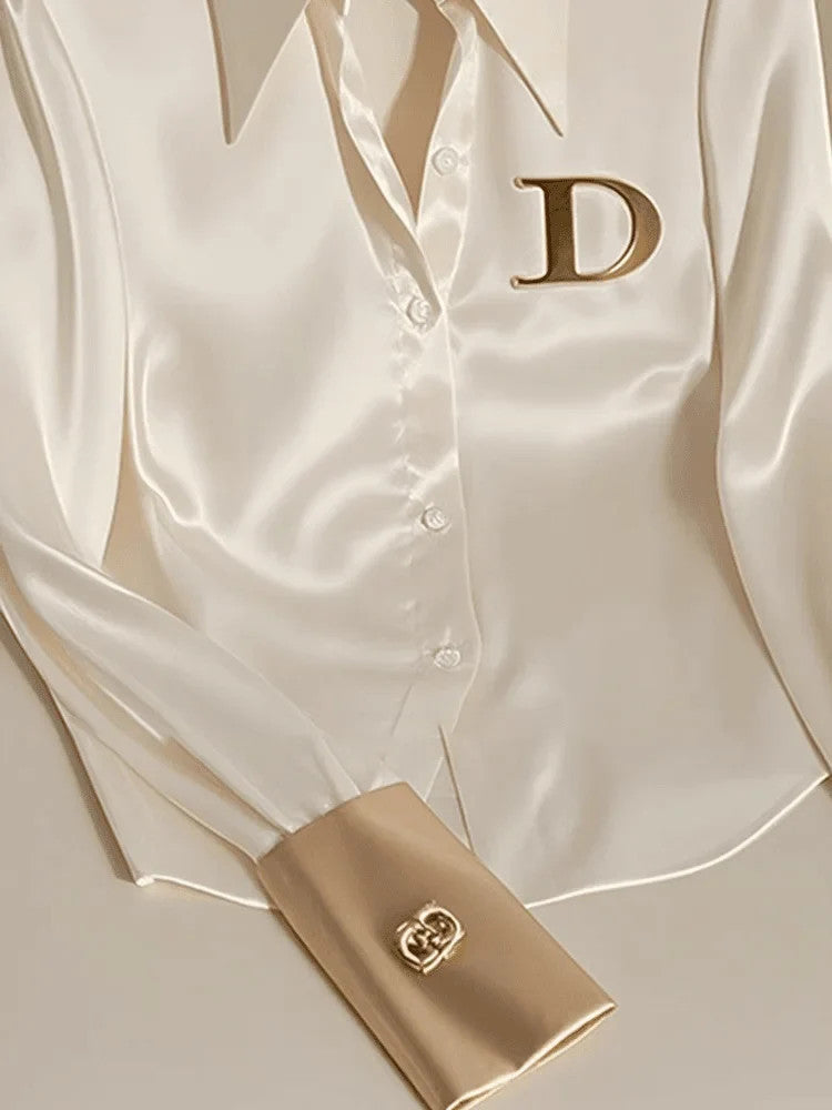 High Quality Fashion Women's White Satin Shirt Turn Down Collar Long Sleeve