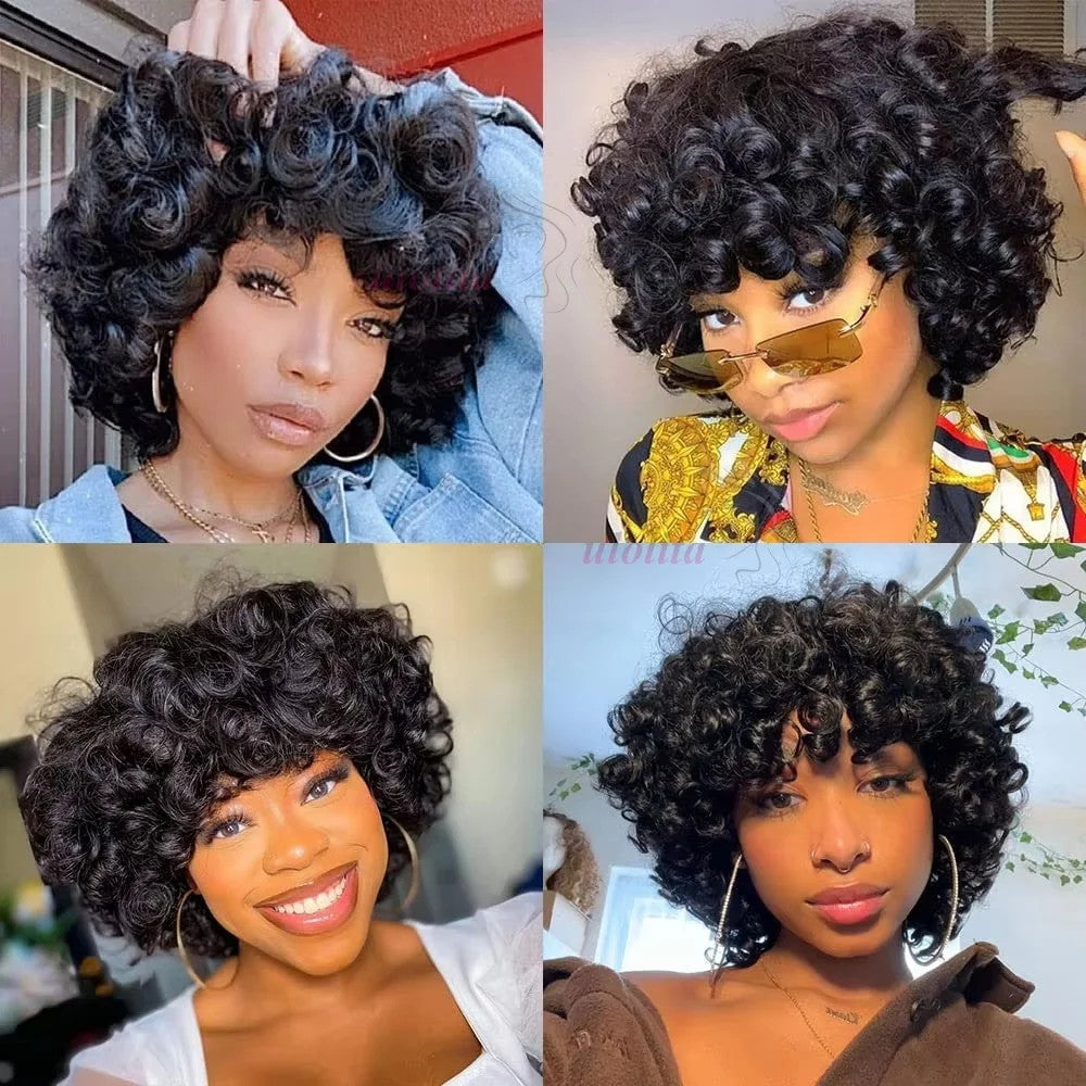 99J burgundy Fumi Curly Bob Wig Bouncy Pixie Cut Wig Highlight Full Machine Egg