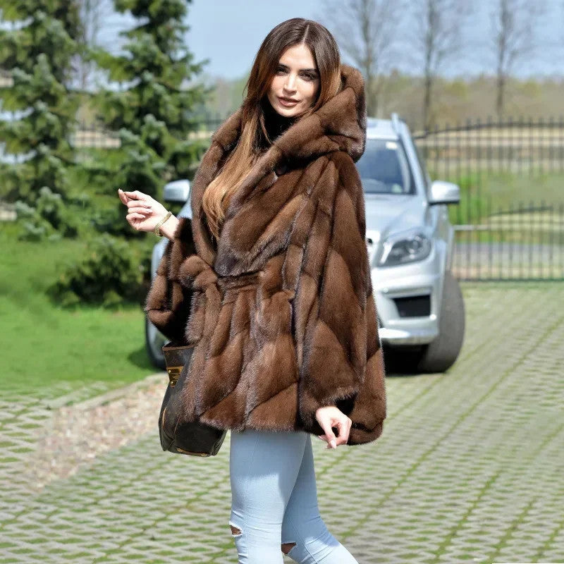 Faux Fur Hooded Batwing Sleeve Women’s Winter Coat — Double-Faced | Coffee | One Size