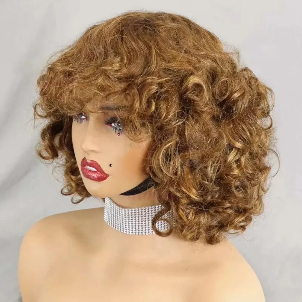 Curly Bob Wig With Bangs | Indian Remy Hair | 200% Density | 99J, 350, Highlight & More