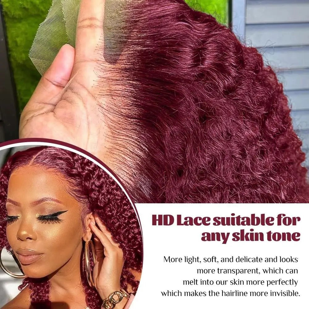 Burgundy 99J Deep Wave Short Bob Wigs 100% Human Hair Wig Water Curly Wig Baby