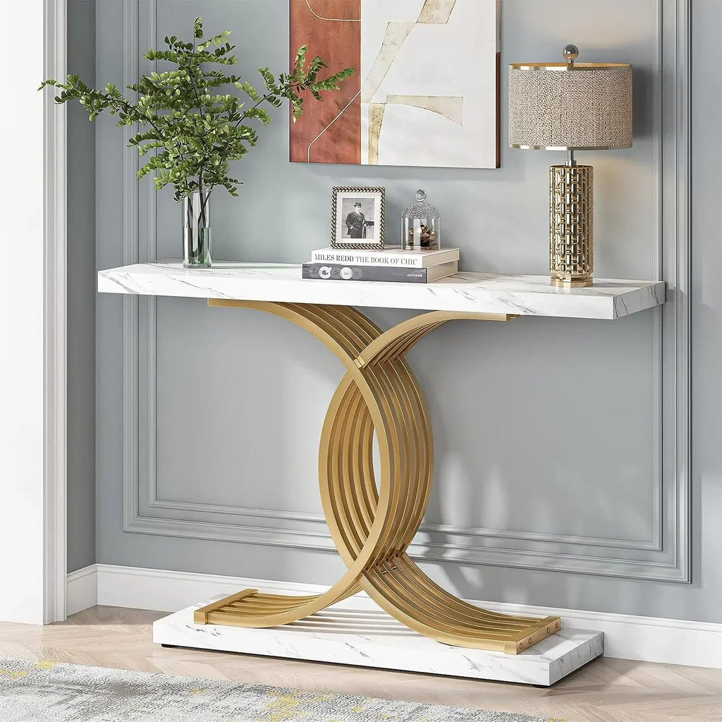 Gold Entryway Table, Modern 39-Inch Console Faux Marble Narrow Wood Sofa with
