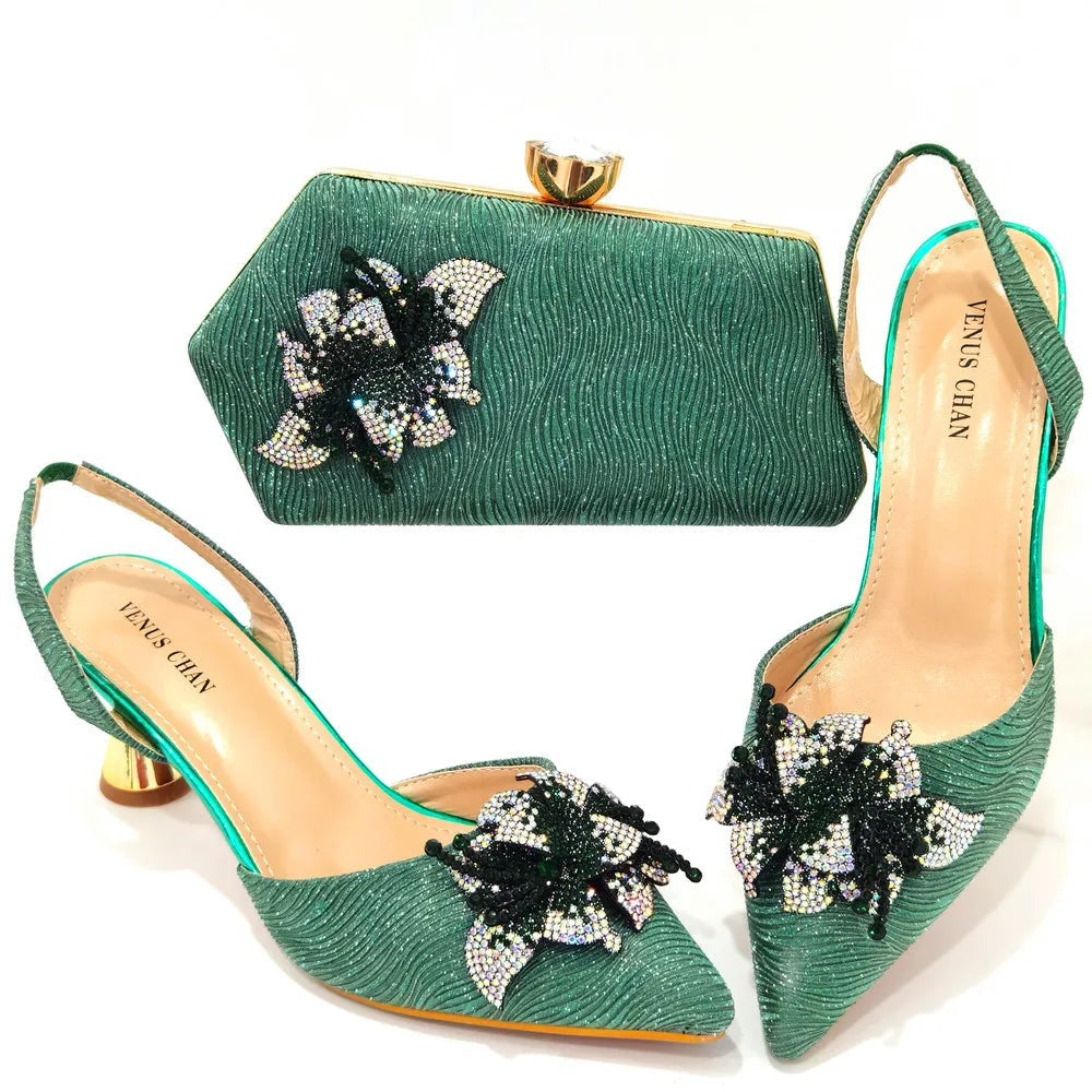 Rhinestone Flower Spike Heel Pumps — Mary Jane Pointed Toe | Black · Green · Pink · Multi | EU 37–43
