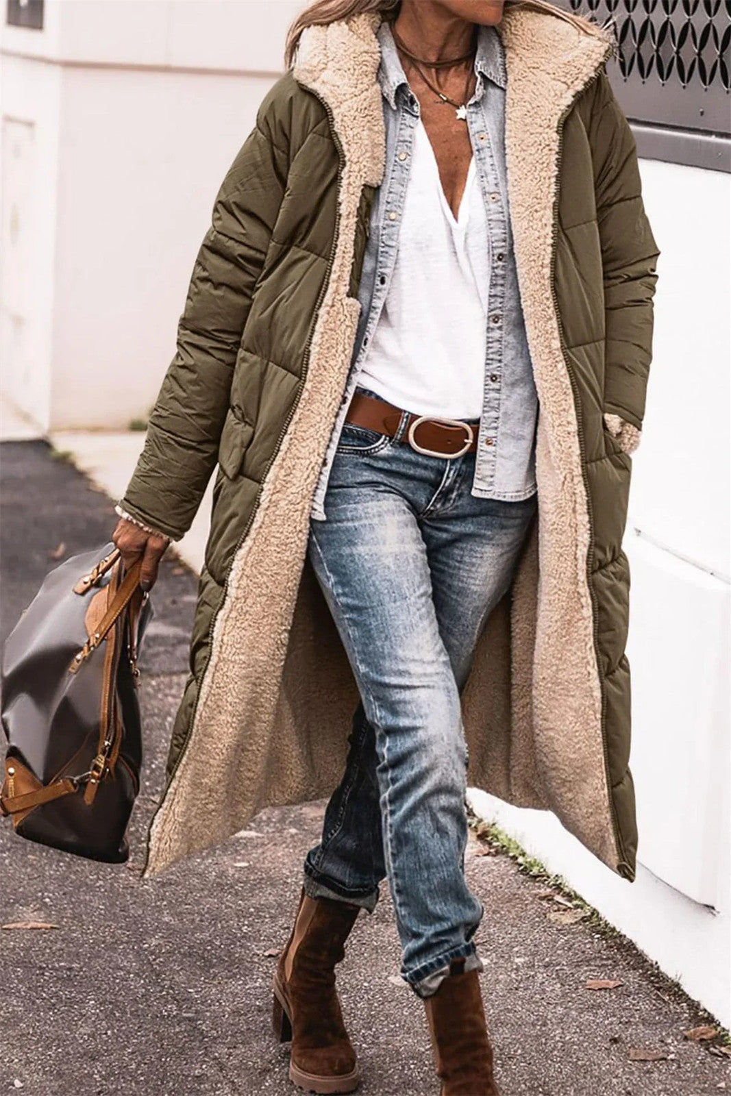 Winter Hooded Quilted Women's Solid Reversible Long Sleeve Thick