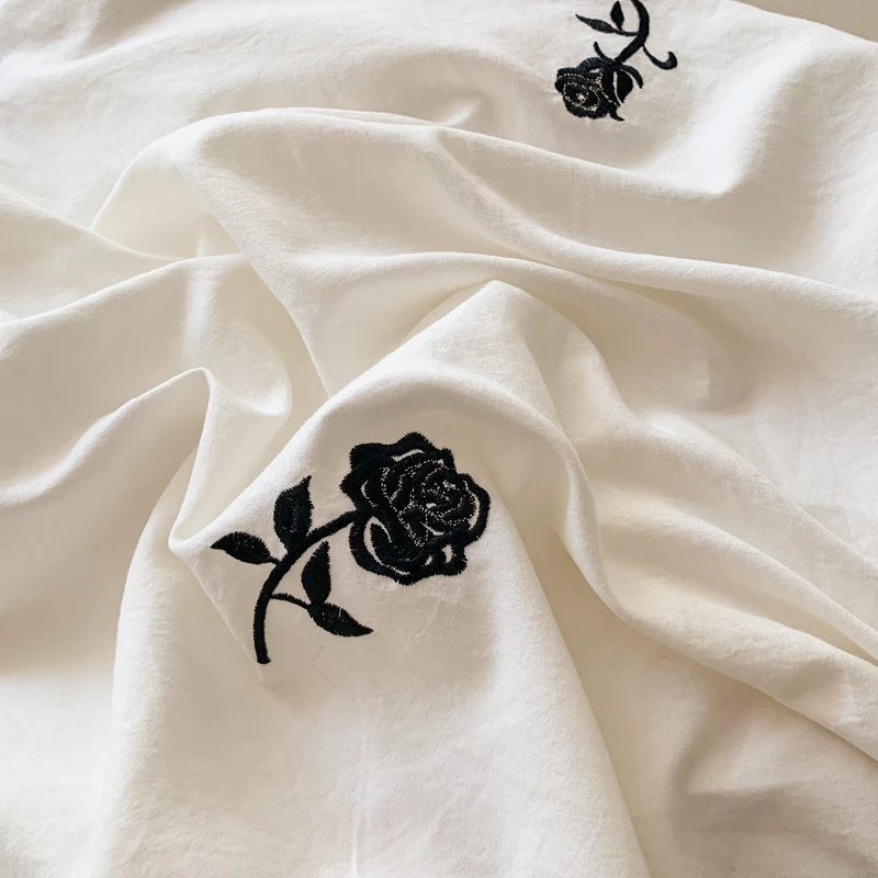 3pcs Rose Embroidered Duvet Cover Set (1*Duvet Cover + 2*Pillowcase, Without