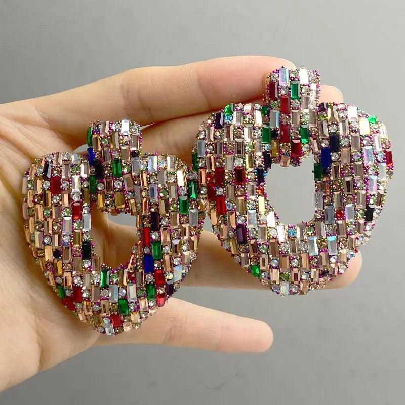 Draweye Colorful Rhinestones Stud Earrings for Women Hyperbole Hearts Hollow