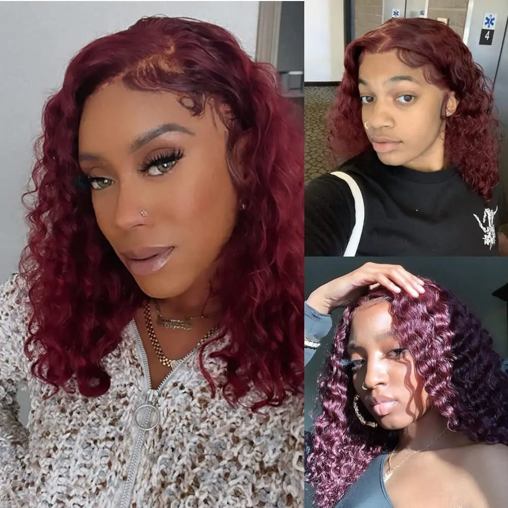 99J Burgundy Bob Deep Wave Lace Front Wigs Human Hair For Women 13x4 HD Lace