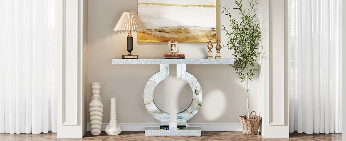 Mirrored Console Table – 110cm | Modern Minimalist Entryway Table | Glass Top | Light Grey & Silver