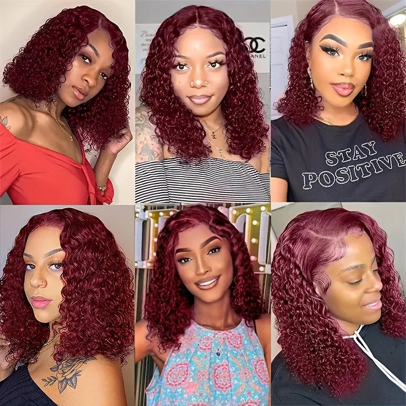 Burgundy 99J Deep Wave Short Bob Wigs 100% Human Hair Wig Water Curly Wig Baby