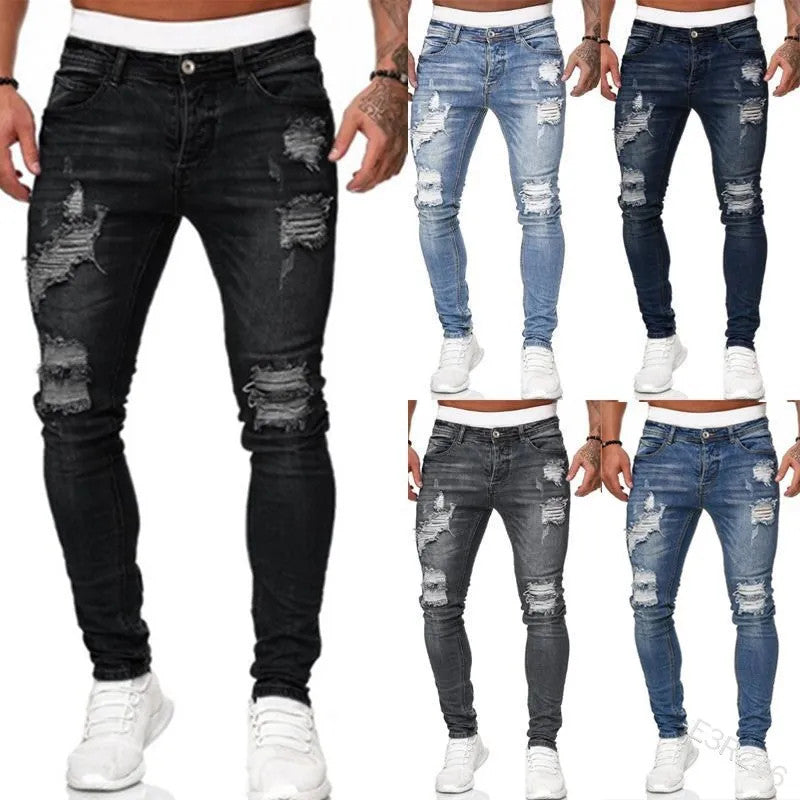 2025 New Fashion Street Style Ripped Skinny Jeans Men Vintage wash Solid Denim