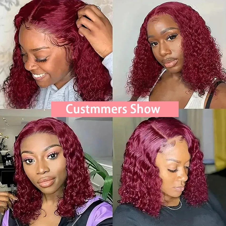 Red Colored 99J Curly Deep Water Wave 13x4 Lace Front Wigs Short Bob 100%