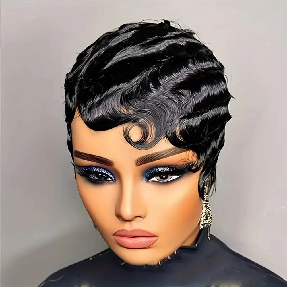 Women's Brown Short Ocean Pixie Wave 100% Human Hair Wig