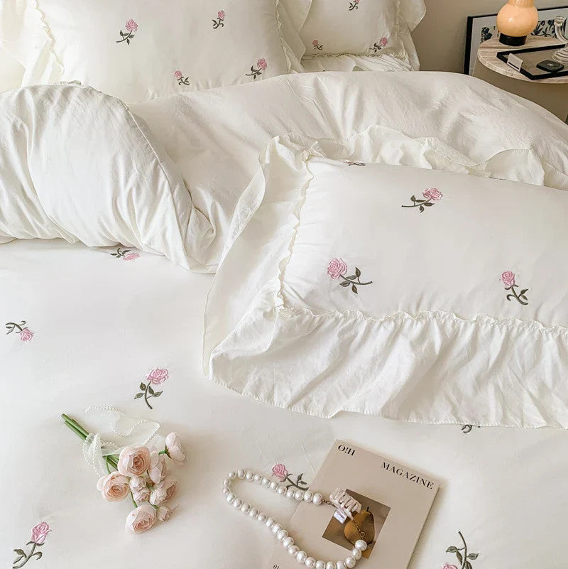3pcs Rose Embroidered Duvet Cover Set (1*Duvet Cover + 2*Pillowcase, Without