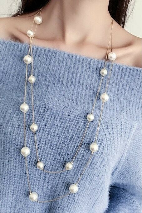 Long Statement Gold Faux Pearl Fashion Necklace Bridal Gift UK