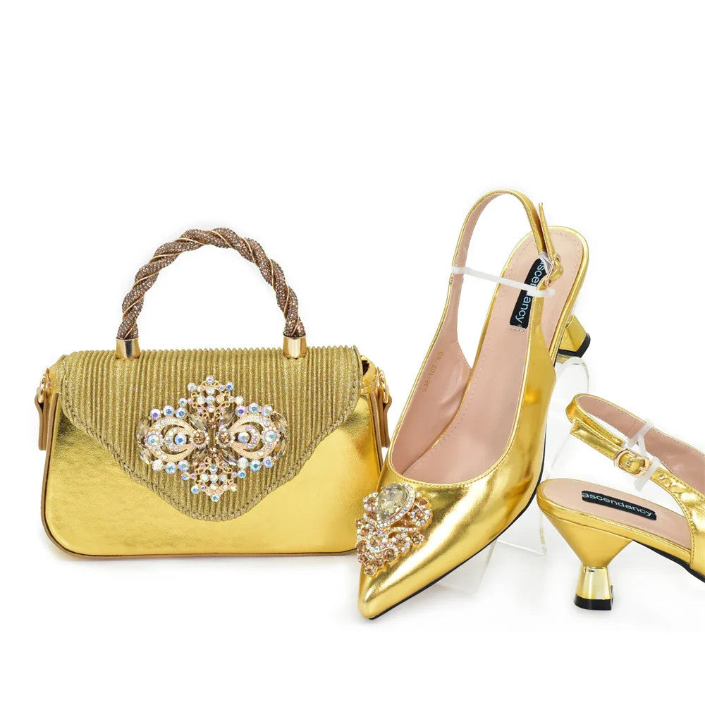Women's Italian Shoe & Bag Set | Crystal Slingback Heels | Party & Wedding | EU 38–43 | 5 Colours