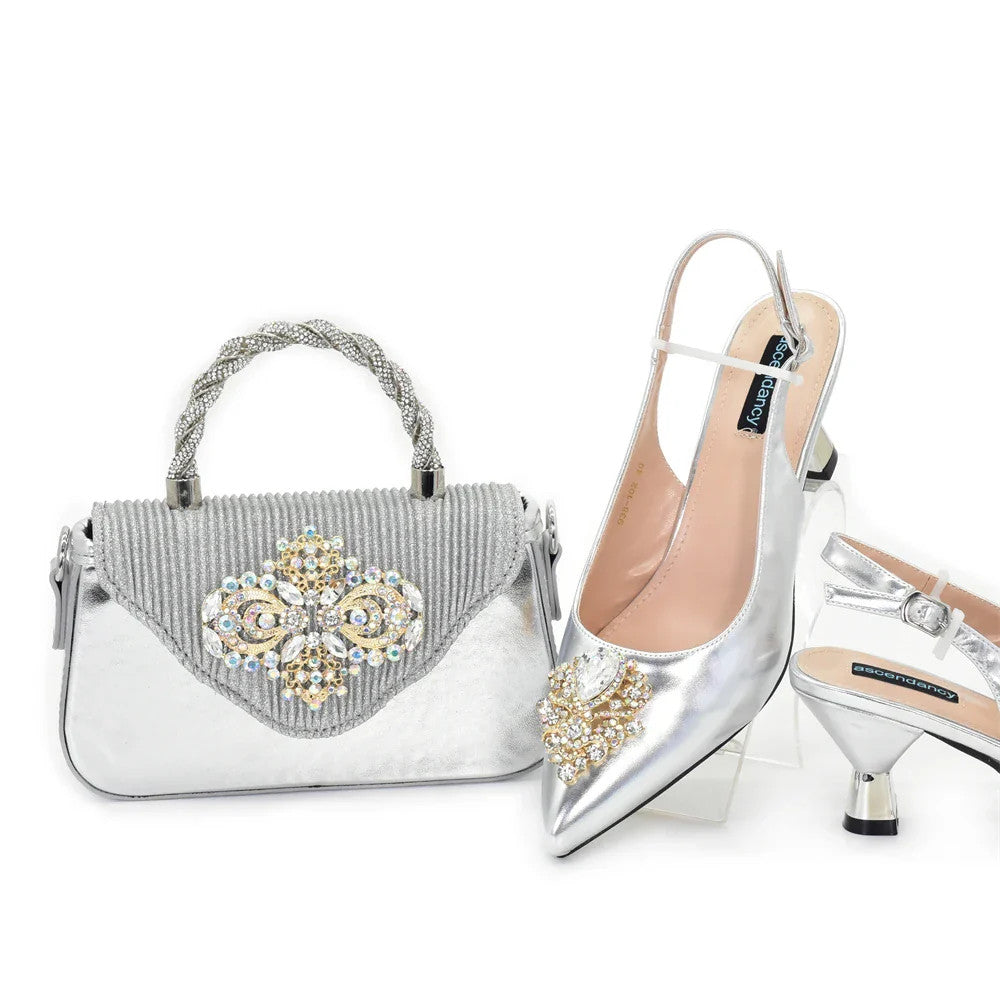 Women's Italian Shoe & Bag Set | Crystal Slingback Heels | Party & Wedding | EU 38–43 | 5 Colours