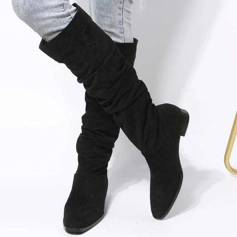 Women's Knee-High Winter Boots – Slip-On | Square Heel | Microfibre Upper | Cotton Lining | Sizes 35–43 | Black & Khaki