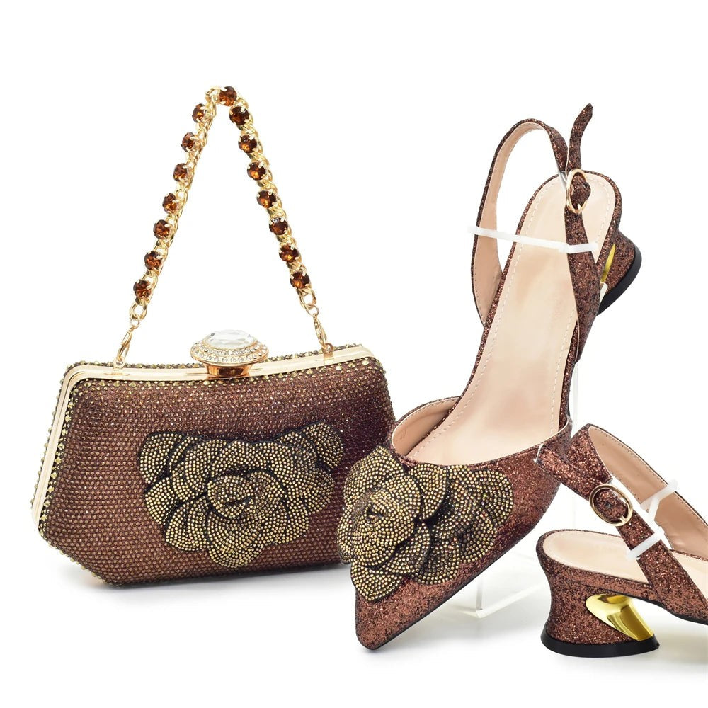 Women's Shoe and Bag Set Latest Luxury Italian Rhinstone Design for Wedding and