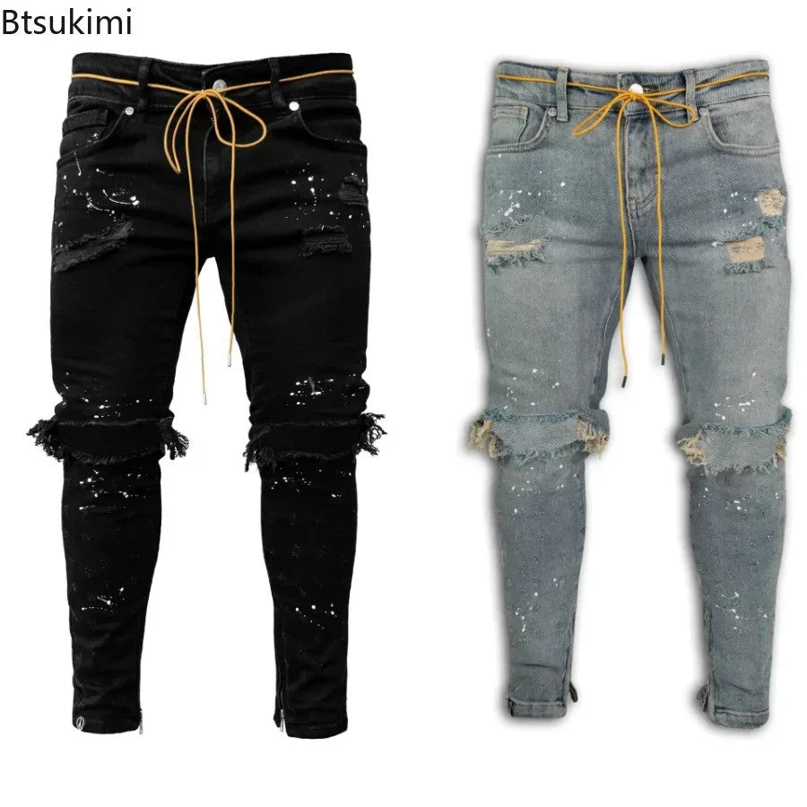 New 2025 Ripped Hole Jeans for Men Hip Hop Cargo Pant Distressed Denim Jeans