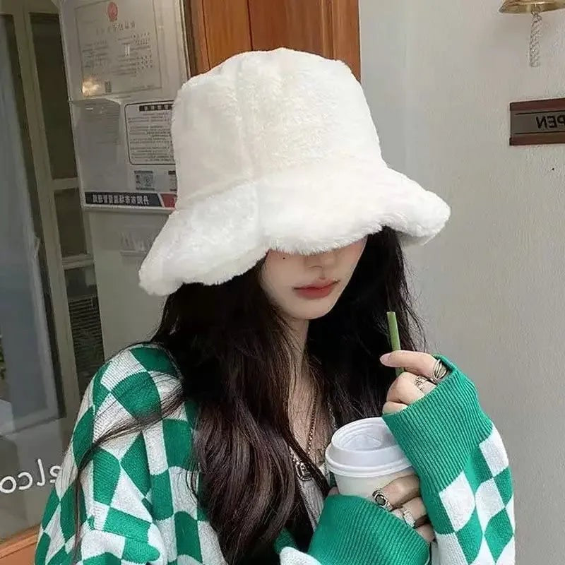 Women Girls Faux Fur Bucket Hat Plush Warm Fisherman Hat Outdoor Windproof
