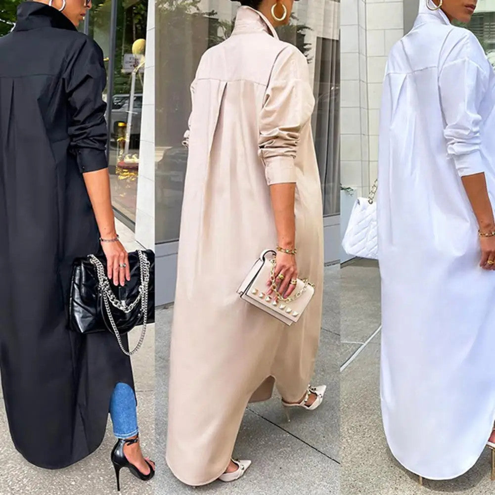 Women Shirt Windproof Shirt Dress Versatile Hem Stylish Autumn Winter Solid
