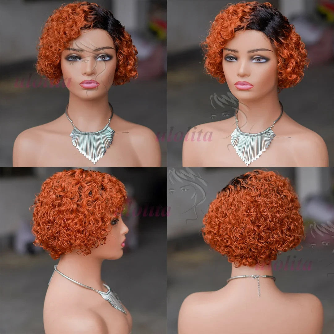 Ombre Blonde T1B27Pixie Cut Short Curly Bob Side Part Non Lace Front 100%