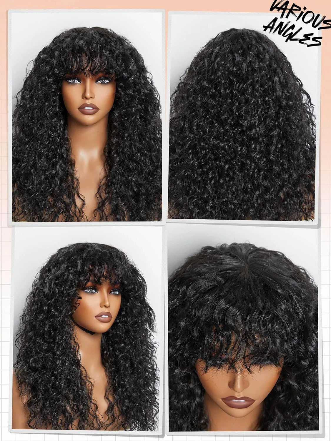 100% Human Hair Wigs with Bang Full Wig Brown Black Highlight Water Wave