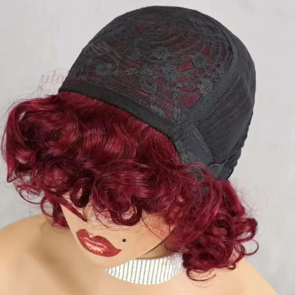 99J burgundy Fumi Curly Bob Wig Bouncy Pixie Cut Wig Highlight Full Machine Egg