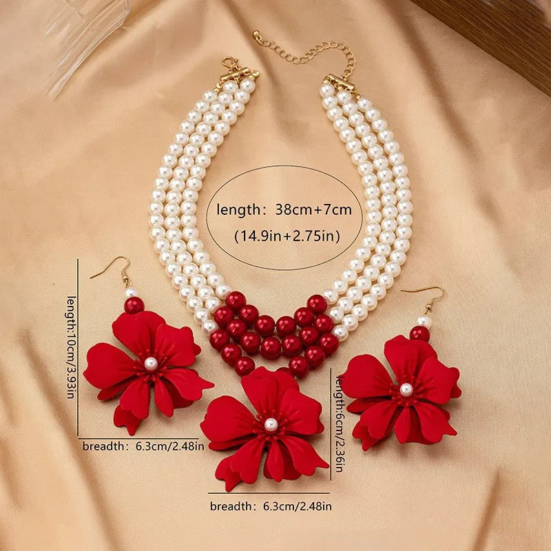 Necklace Big Red Flowers Pendant 3 Layers of Pearl Chain Women Girls Gifts