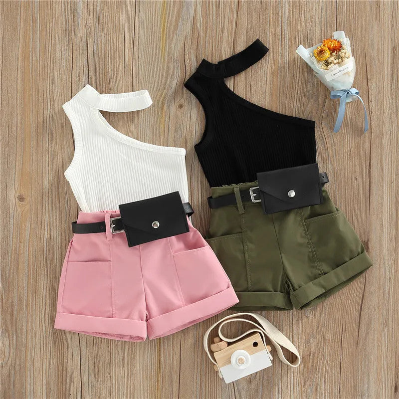 1-5 Years Infant Girl Casual Set Tanks Tops + Shorts + Waist Bag Pockets