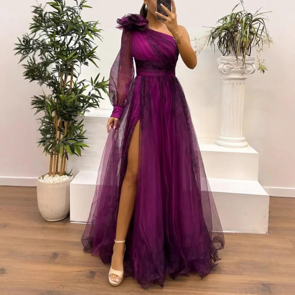 One Shoulder Pleated Chiffon Evening Dress | Floor-Length A-Line | 3D Floral | S–XL