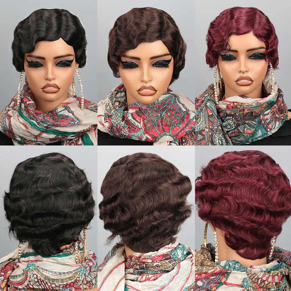 Women's Brown Short Ocean Pixie Wave 100% Human Hair Wig