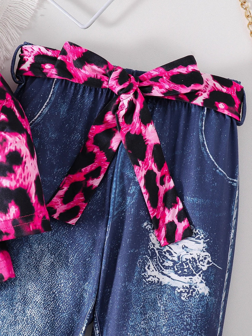 2-piece Spring and Autumn girls fashion set pink leopard print knit round neck