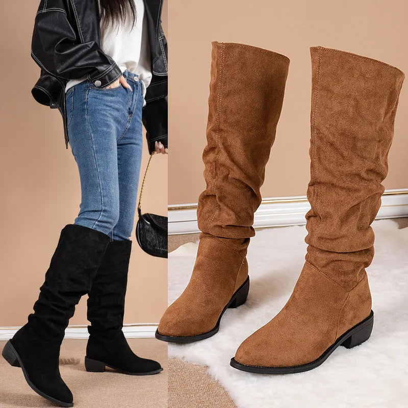 Women's Knee-High Winter Boots – Slip-On | Square Heel | Microfibre Upper | Cotton Lining | Sizes 35–43 | Black & Khaki