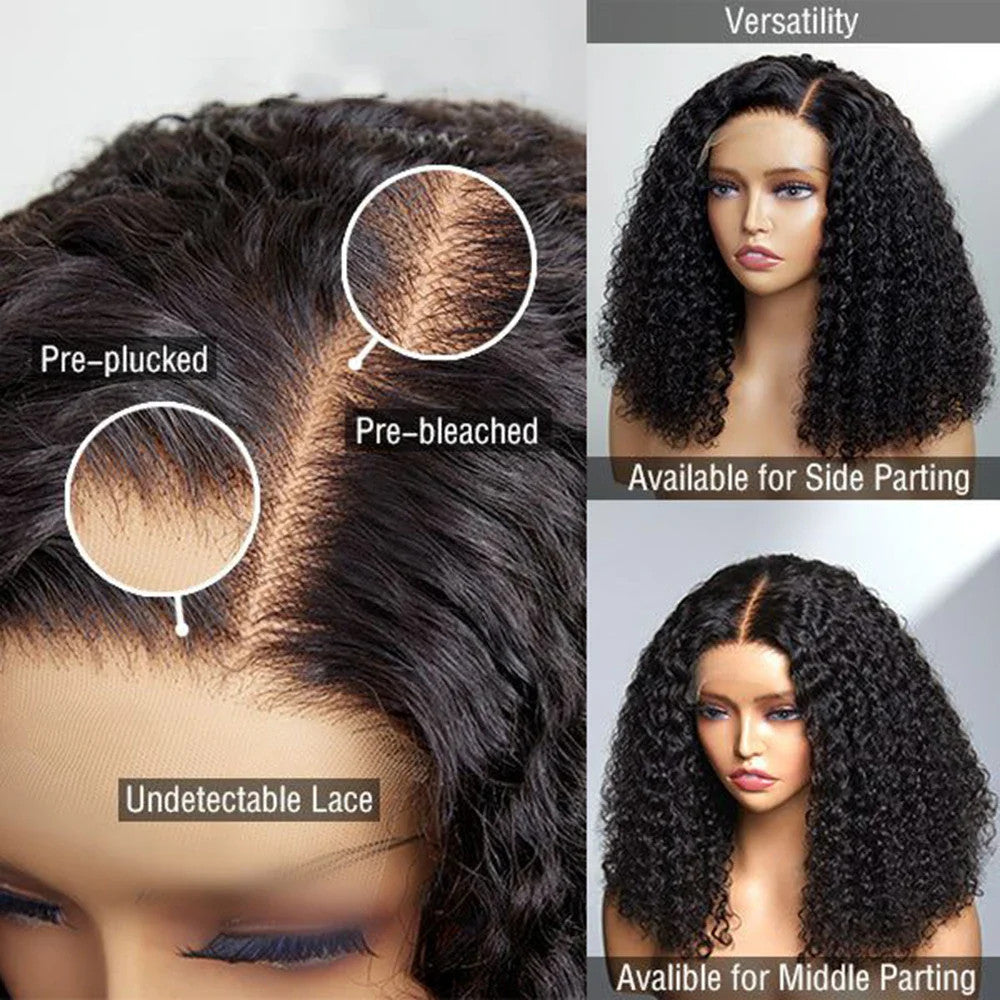 250% Density Short Bob Jerry Curly Human Hair Wig 13x4 Transparent Lace Frontal