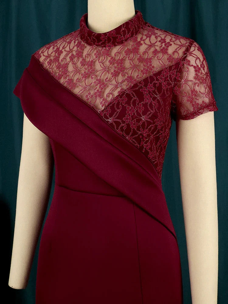 Women's High Neck Lace Patchwork Bodycon Midi Dress – Slim Sheath Evening Gown | Polyester | S–4XL | Black & Wine