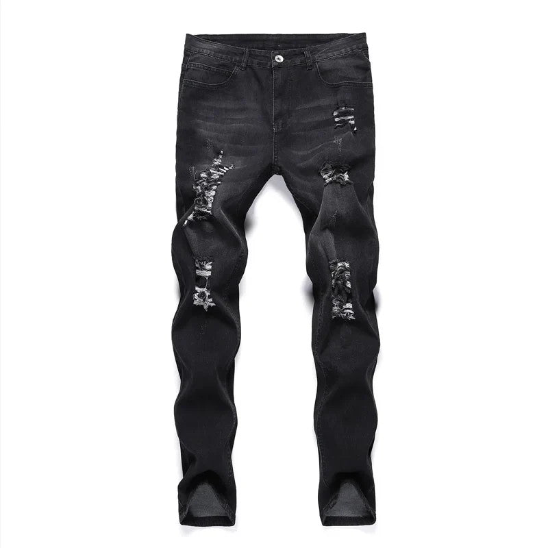 2025 New Fashion Street Style Ripped Skinny Jeans Men Vintage wash Solid Denim