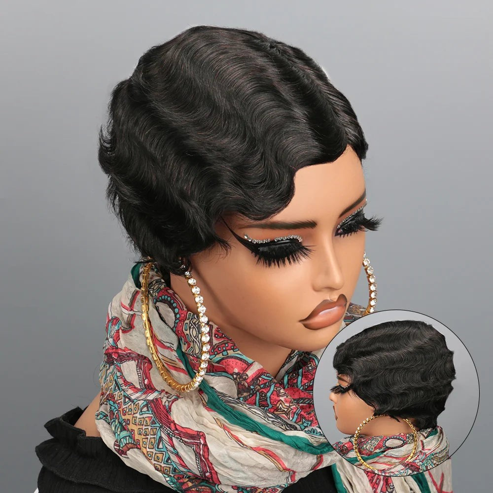Women's Brown Short Ocean Pixie Wave 100% Human Hair Wig