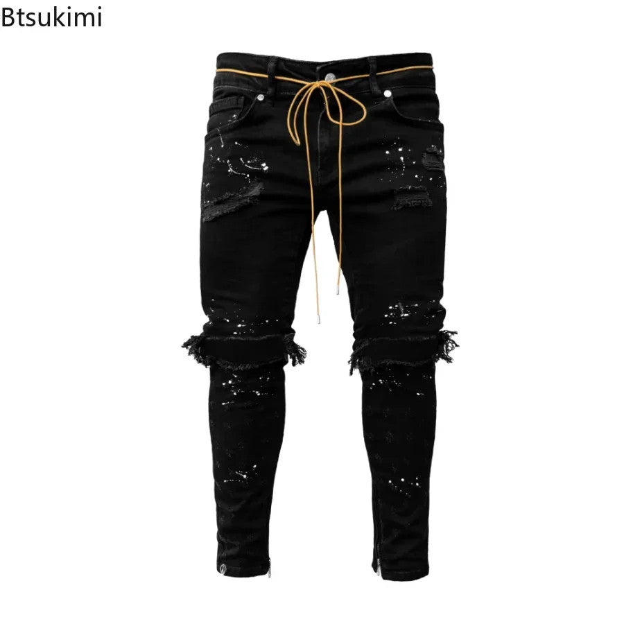 New 2025 Ripped Hole Jeans for Men Hip Hop Cargo Pant Distressed Denim Jeans